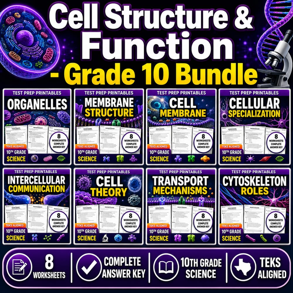 Cell Structure & Function Lesson Bundle – Grade 10 Science Texas Essential Knowledge and Skills — bundle cover
