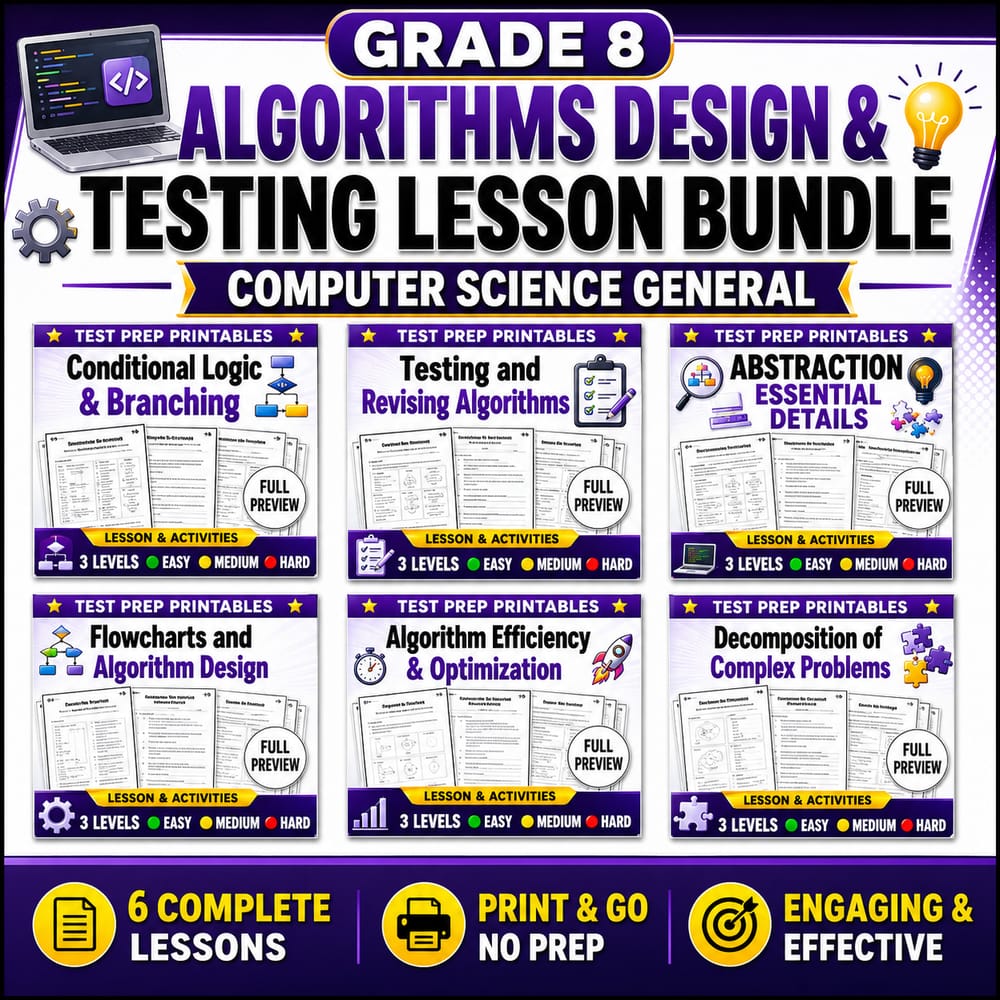 Grade 8 Algorithms Design & Testing Lesson Bundle | Computer Science General — bundle cover