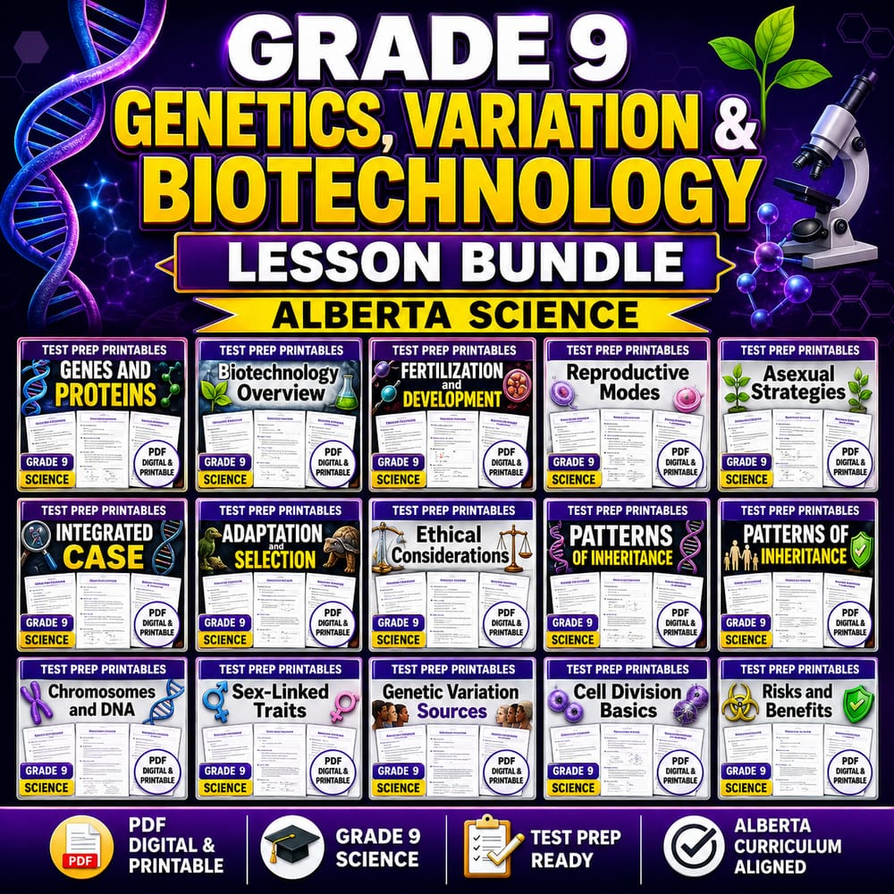 Grade 9 Genetics, Variation & Biotechnology Lesson Bundle | Alberta Science — bundle cover