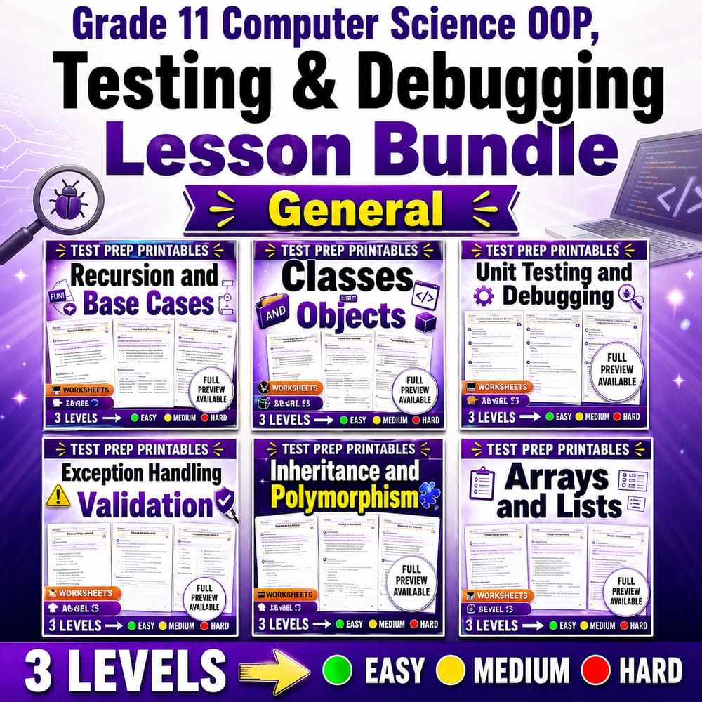 Grade 11 Computer Science OOP, Testing & Debugging Lesson Bundle | General — bundle cover