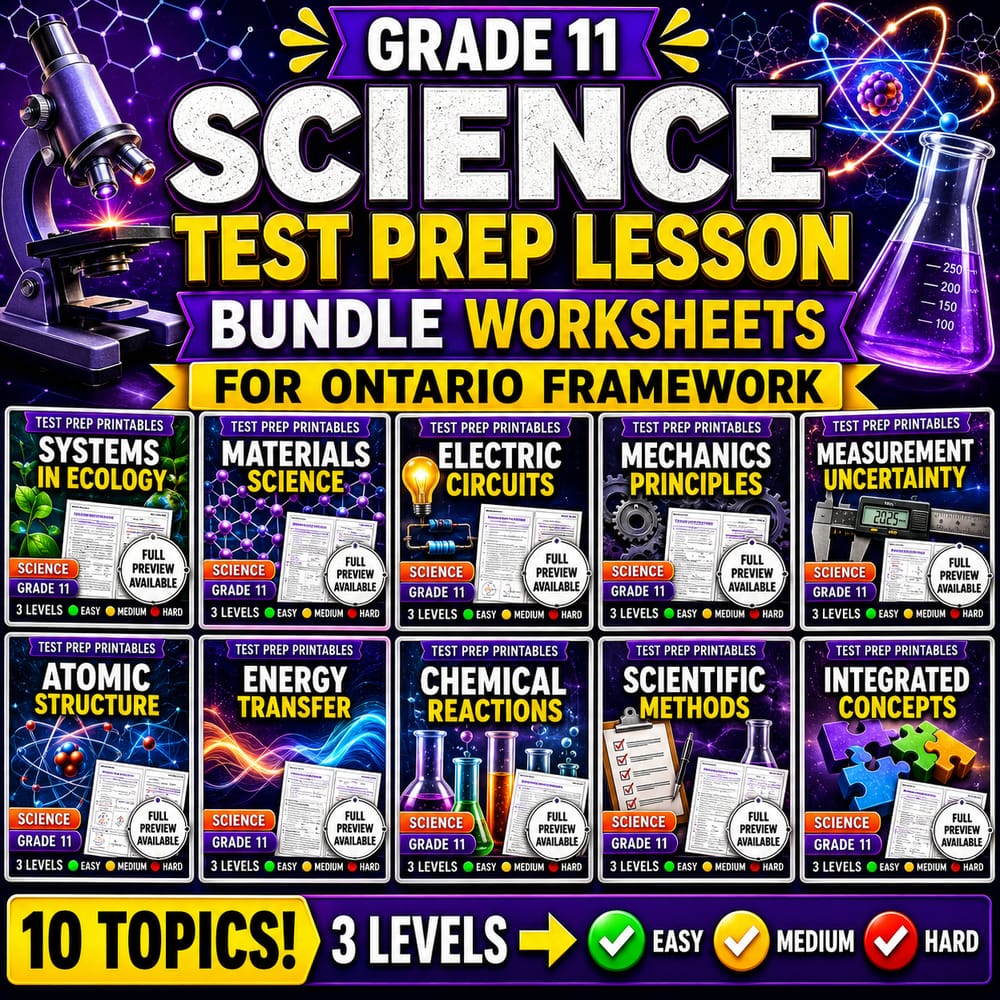 Grade 11 Science Test Prep Lesson Bundle Worksheets for Ontario Framework — bundle cover