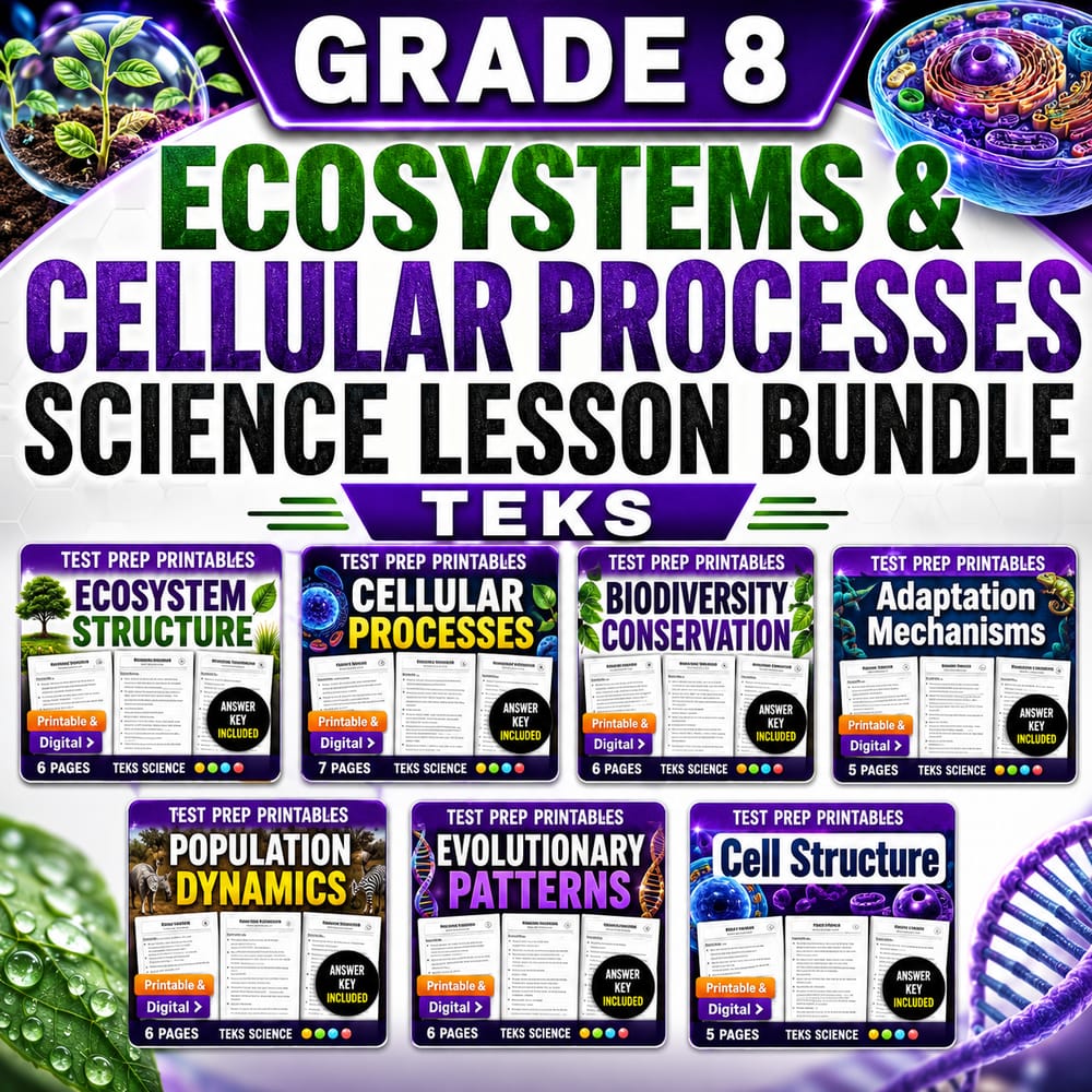 Grade 8 Systems and Inquiry Science full-year bundle worksheets: TEKS — bundle cover