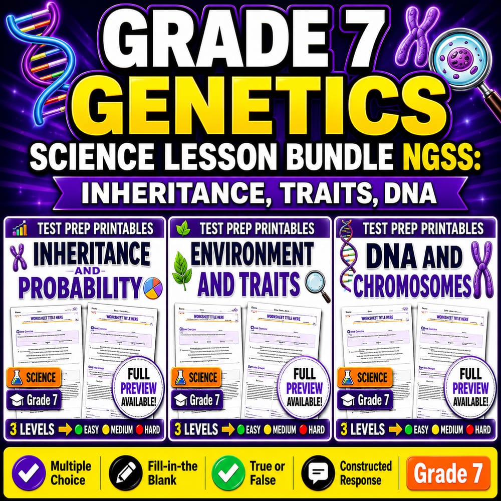 Grade 7 Genetics Science Lesson Bundle NGSS: Inheritance, Traits, DNA — bundle cover