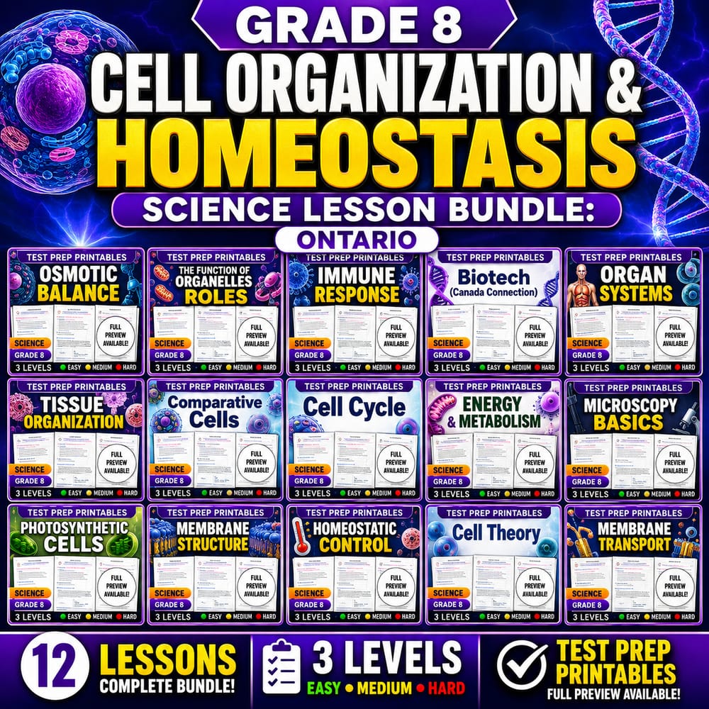 Grade 8 Cell Organization & Homeostasis Science lesson bundle: Ontario — bundle cover