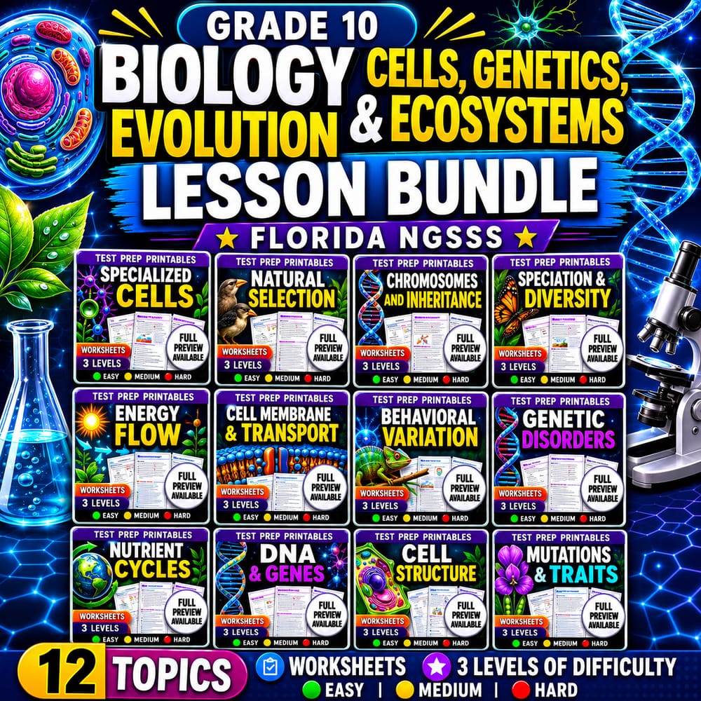Grade 10 Biology Cells, Genetics, Evolution & Ecosystems Lesson Bundle | Florida NGSSS — bundle cover
