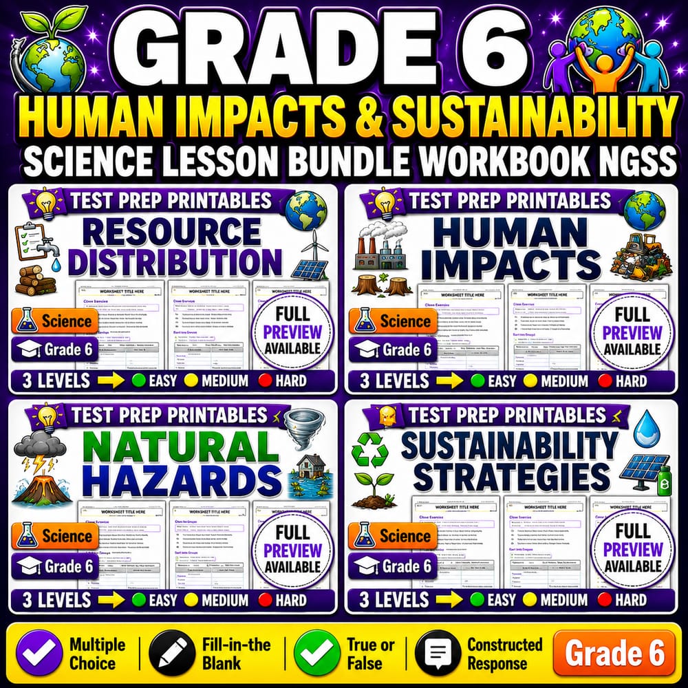 Grade 6 Human Impacts & Sustainability Science Lesson Bundle Workbook NGSS — bundle cover