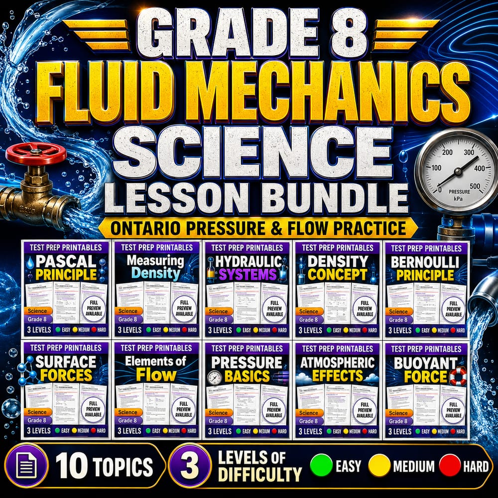 Grade 8 Fluid Mechanics Science Lesson Bundle | Ontario Pressure & Flow Practice — bundle cover