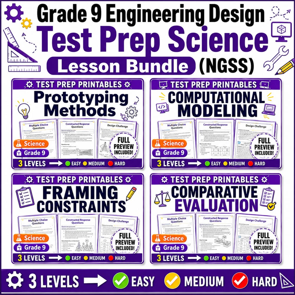 Grade 9 Engineering Design Test Prep Science Lesson Bundle (NGSS) — bundle cover