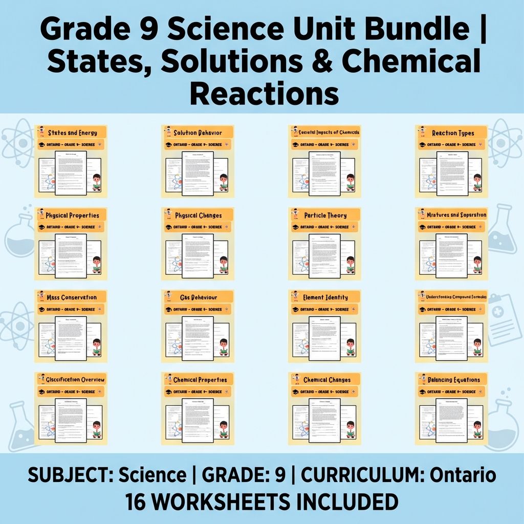 Grade 9 Science UNIT Worksheet Pack | Chemical Properties, Energy & Reactions — bundle cover