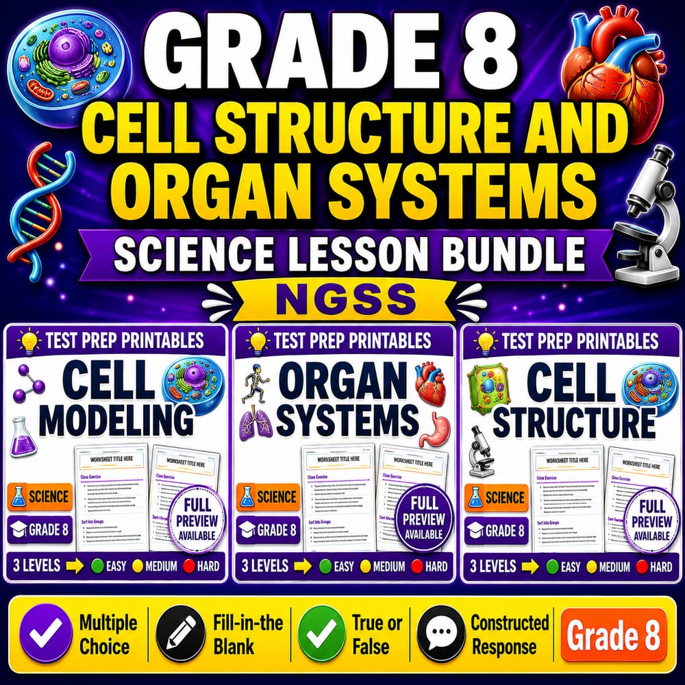 Grade 8 Cell Structure and Organ Systems Science Lesson Bundle NGSS — bundle cover