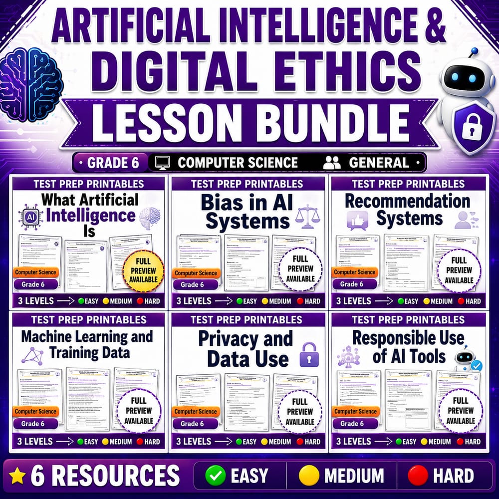 Artificial Intelligence & Digital Ethics Lesson Bundle — Grade 6 Computer Science, General — bundle cover