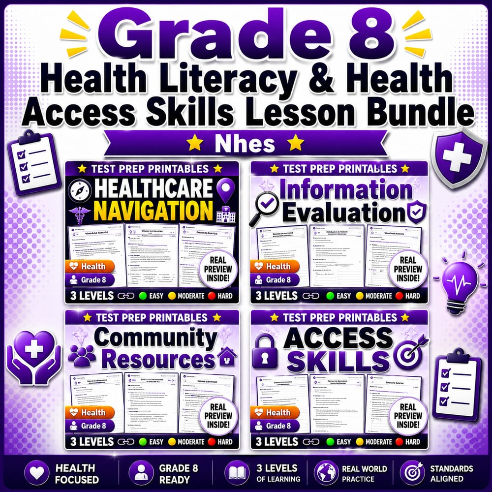 Grade 8 Health Literacy & Health Access Skills Lesson Bundle | Nhes — bundle cover