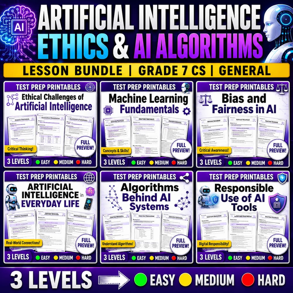 Artificial Intelligence Ethics & AI Algorithms Lesson Bundle | Grade 7 CS | General — bundle cover