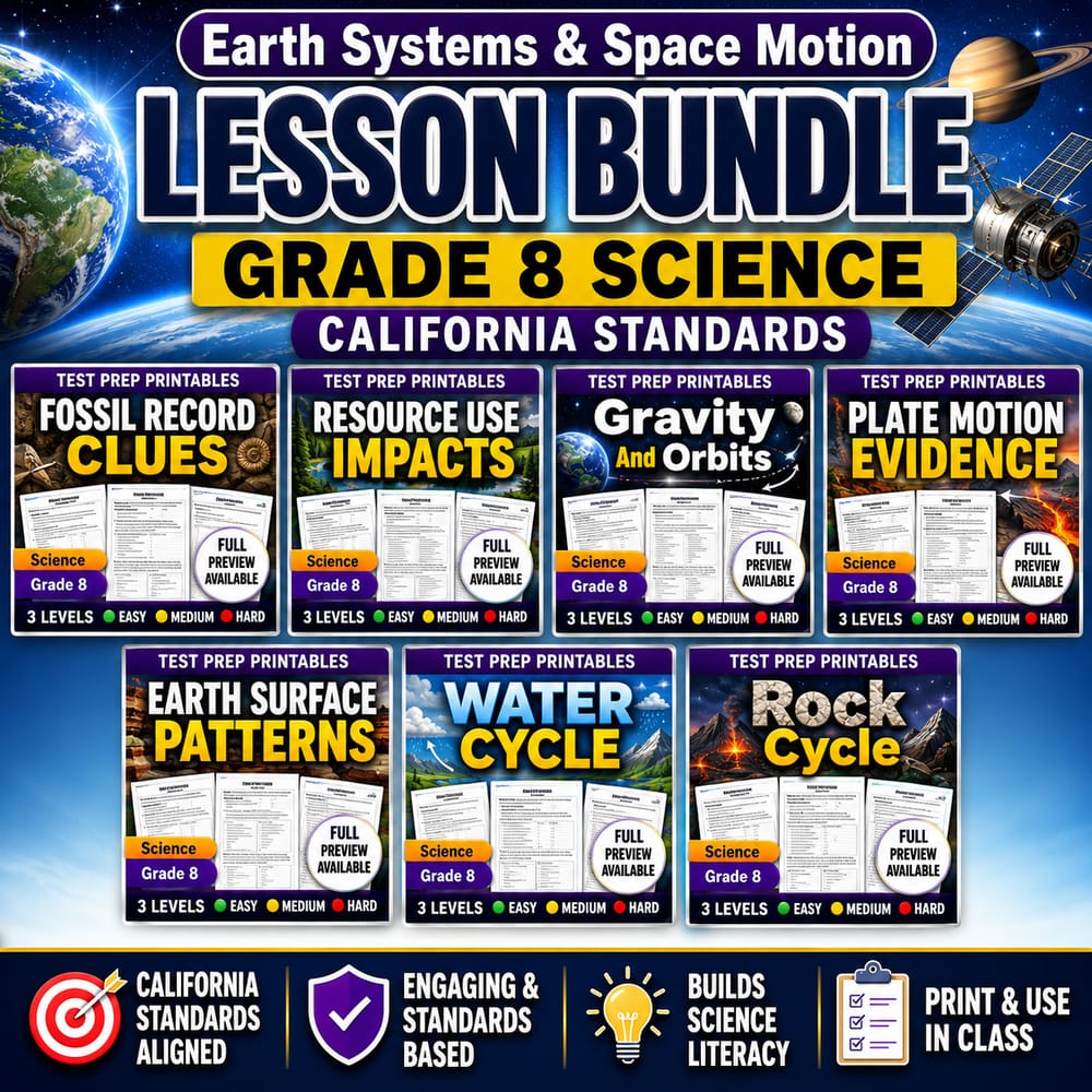 Earth Systems & Space Motion Lesson Bundle | Grade 8 Science | California Standards — bundle cover