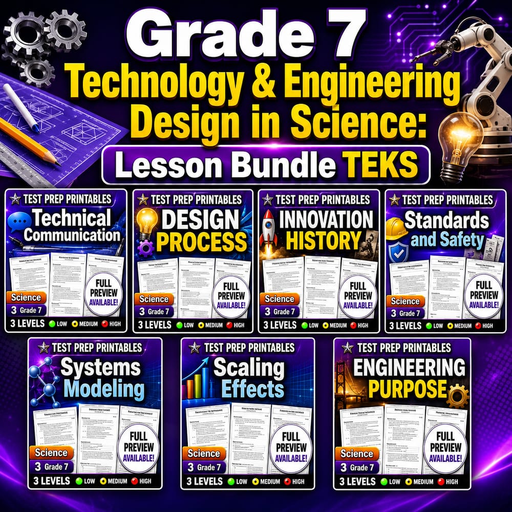 Grade 7 Technology & Engineering Design in Science: Lesson Bundle TEKS — bundle cover
