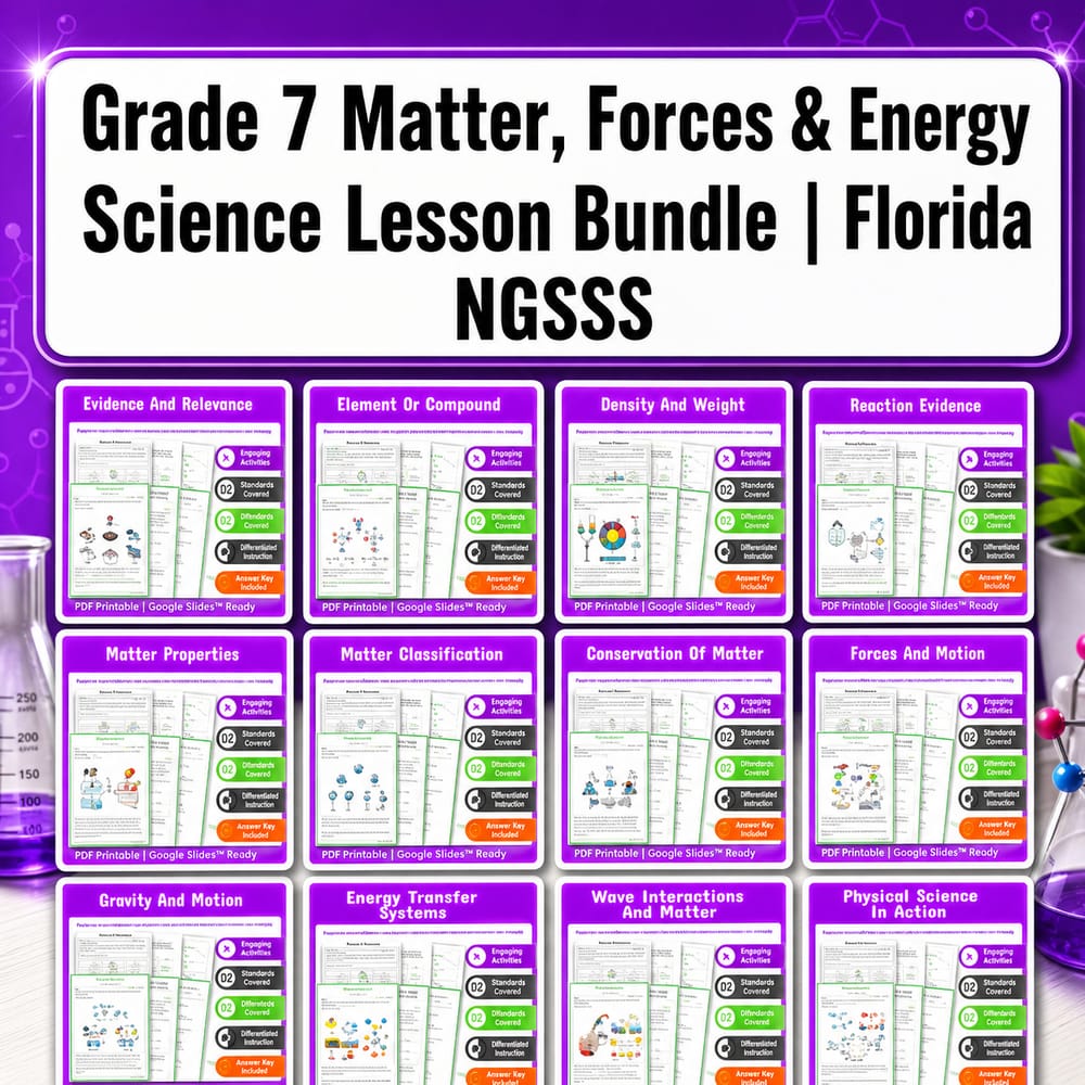 Grade 7 Matter, Forces & Energy Science Lesson Bundle | Florida NGSSS — bundle cover