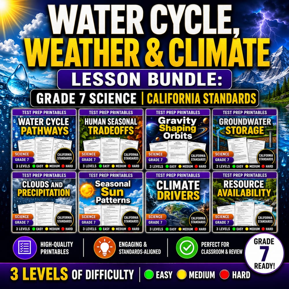 Water Cycle, Weather & Climate Lesson Bundle: Grade 7 Science California Standards — bundle cover