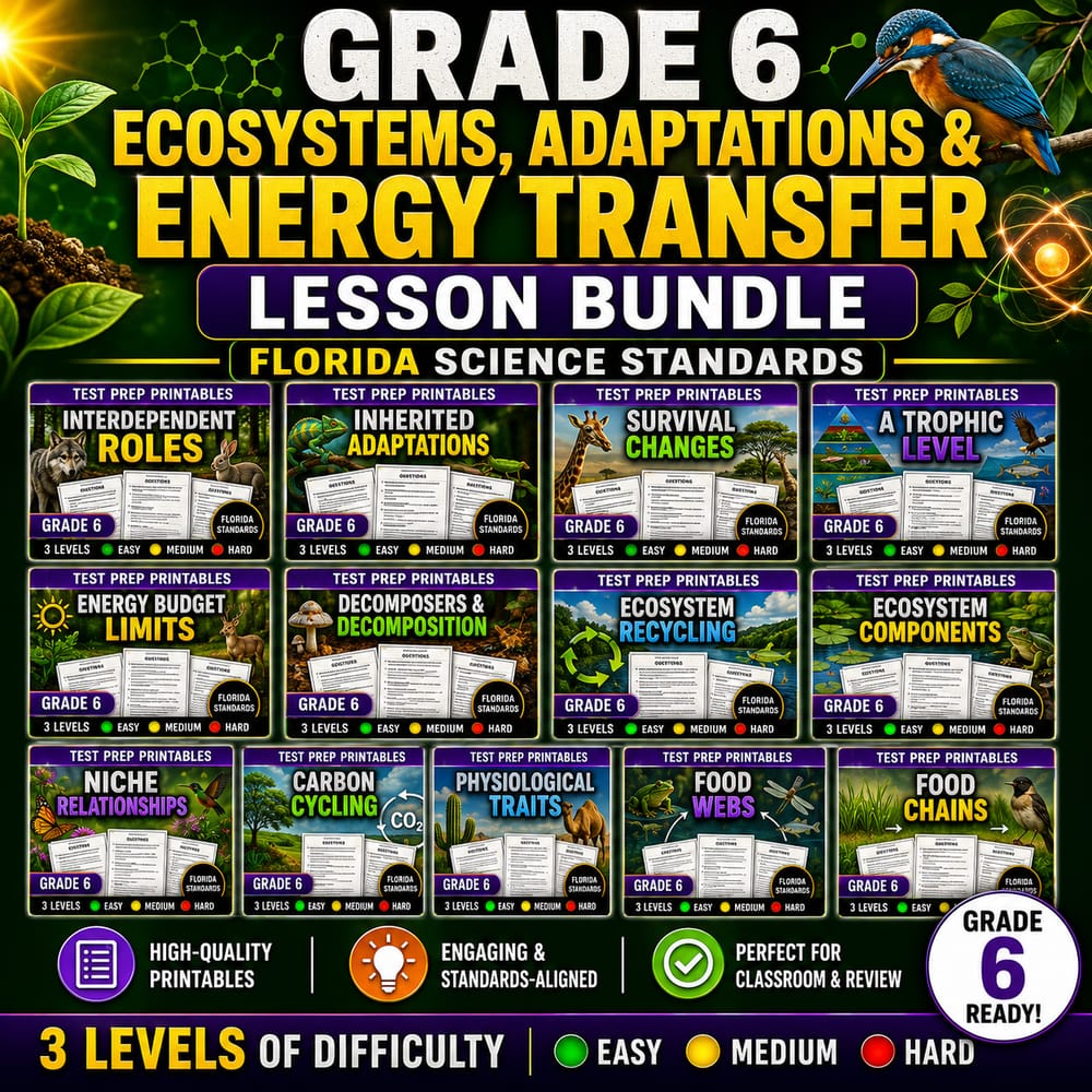 Grade 6 Ecosystems, Adaptations & Energy Transfer Lesson Bundle | Florida science standards — bundle cover