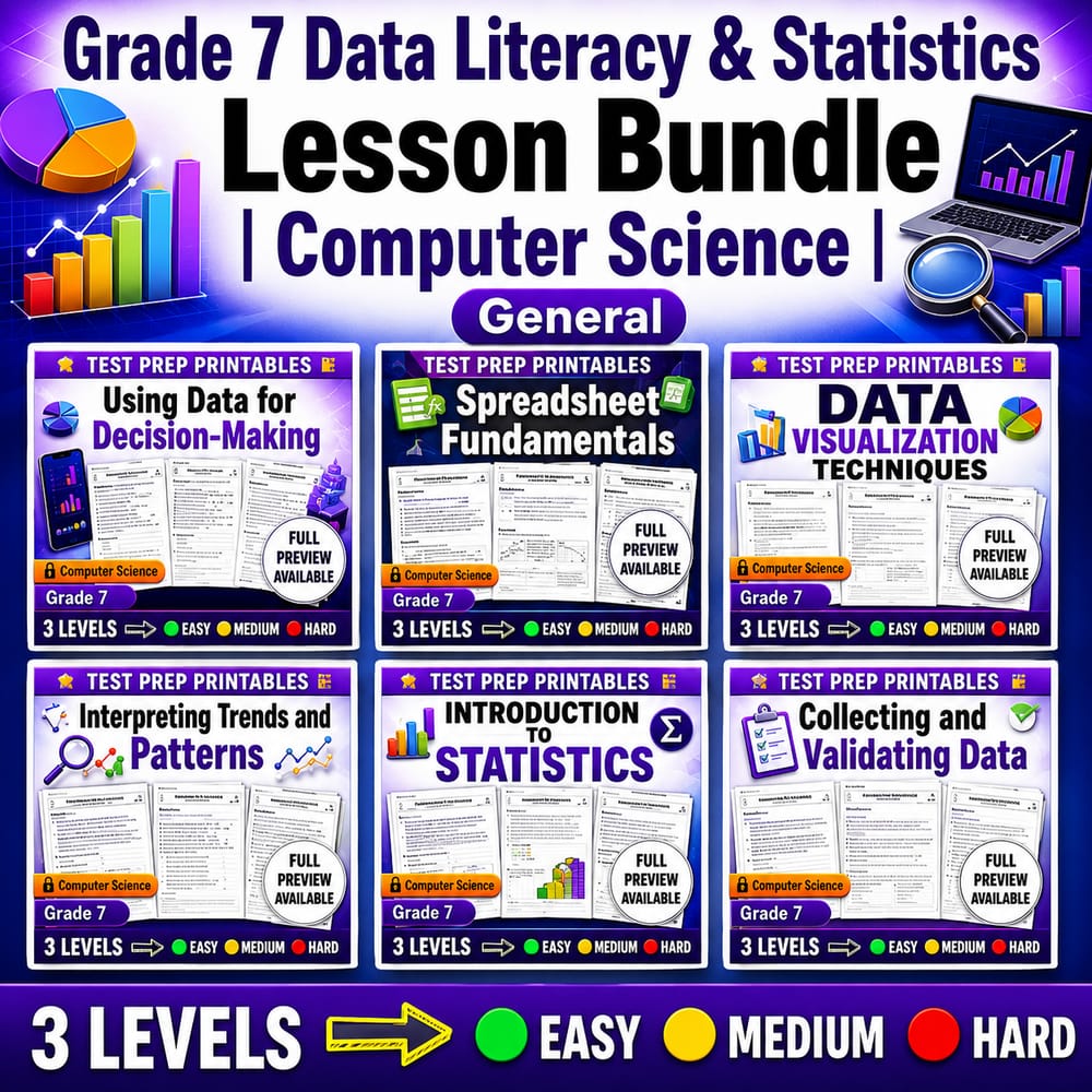 Grade 7 Data Literacy & Statistics Lesson Bundle | Computer Science | General — bundle cover
