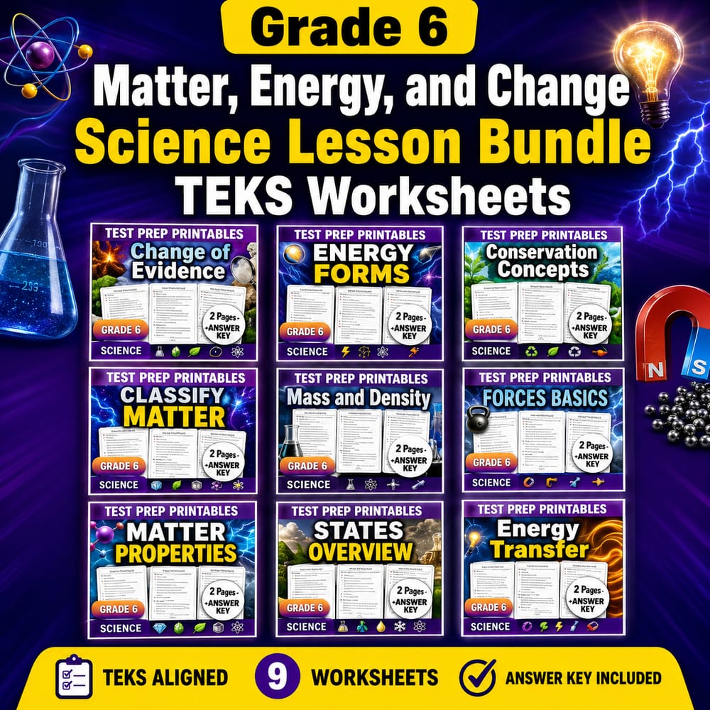 Grade 6 Matter, Energy, and Change Science Lesson Bundle TEKS Worksheets — bundle cover