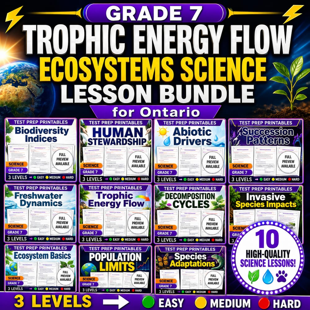 Grade 7 Ecosystem Science Lesson Bundle | Ontario Test Prep Worksheets — bundle cover
