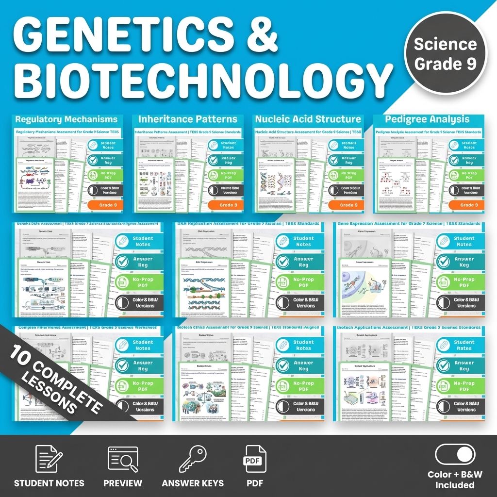 Grade 9 Genetics & Molecular Biology Science Lesson Bundle TEKS Assessments — bundle cover