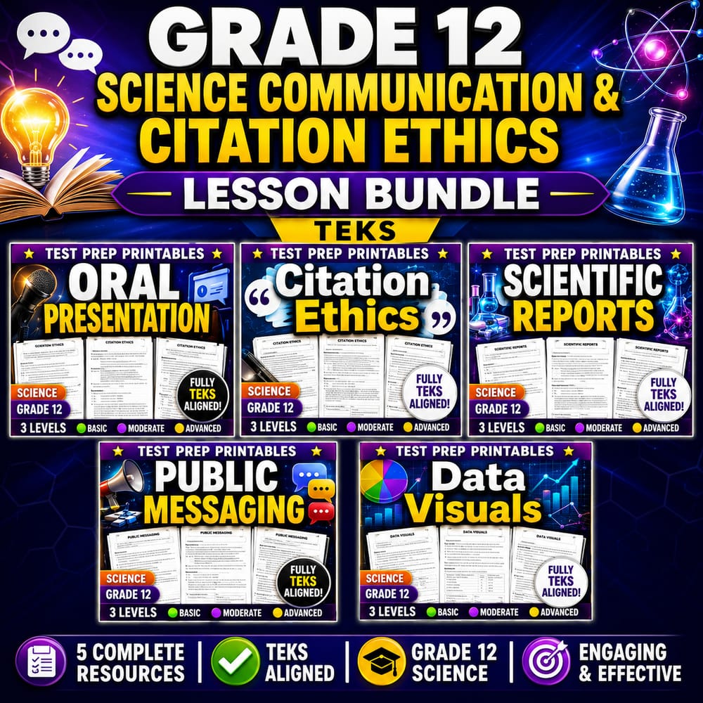Grade 12 Science Communication & Citation Ethics Lesson Bundle | TEKS — bundle cover