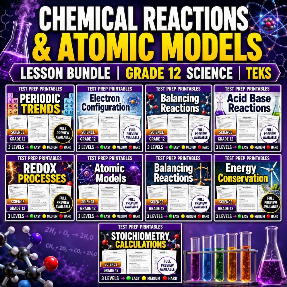 Chemical Reactions & Atomic Models Lesson Bundle | Grade 12 Science | TEKS — bundle cover