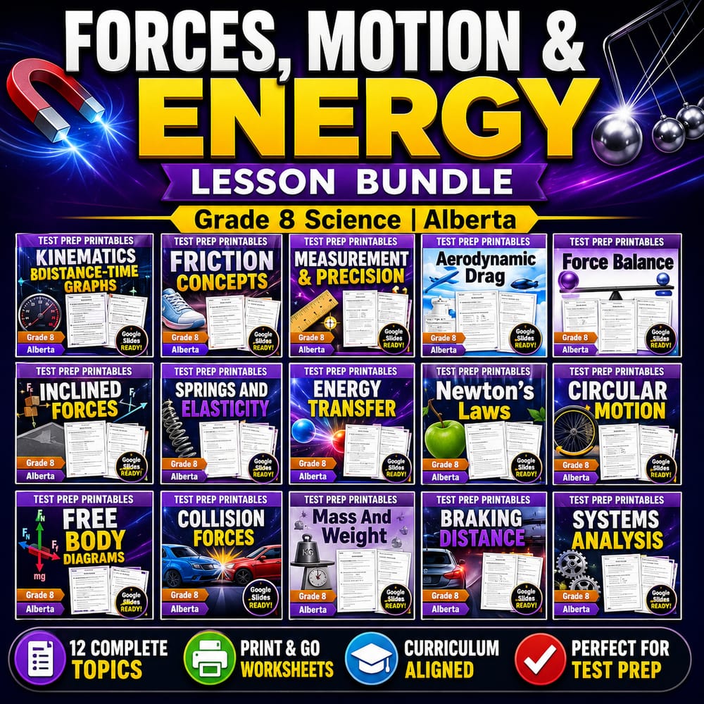 Forces, Motion & Energy Lesson Bundle | Grade 8 Science | Alberta — bundle cover