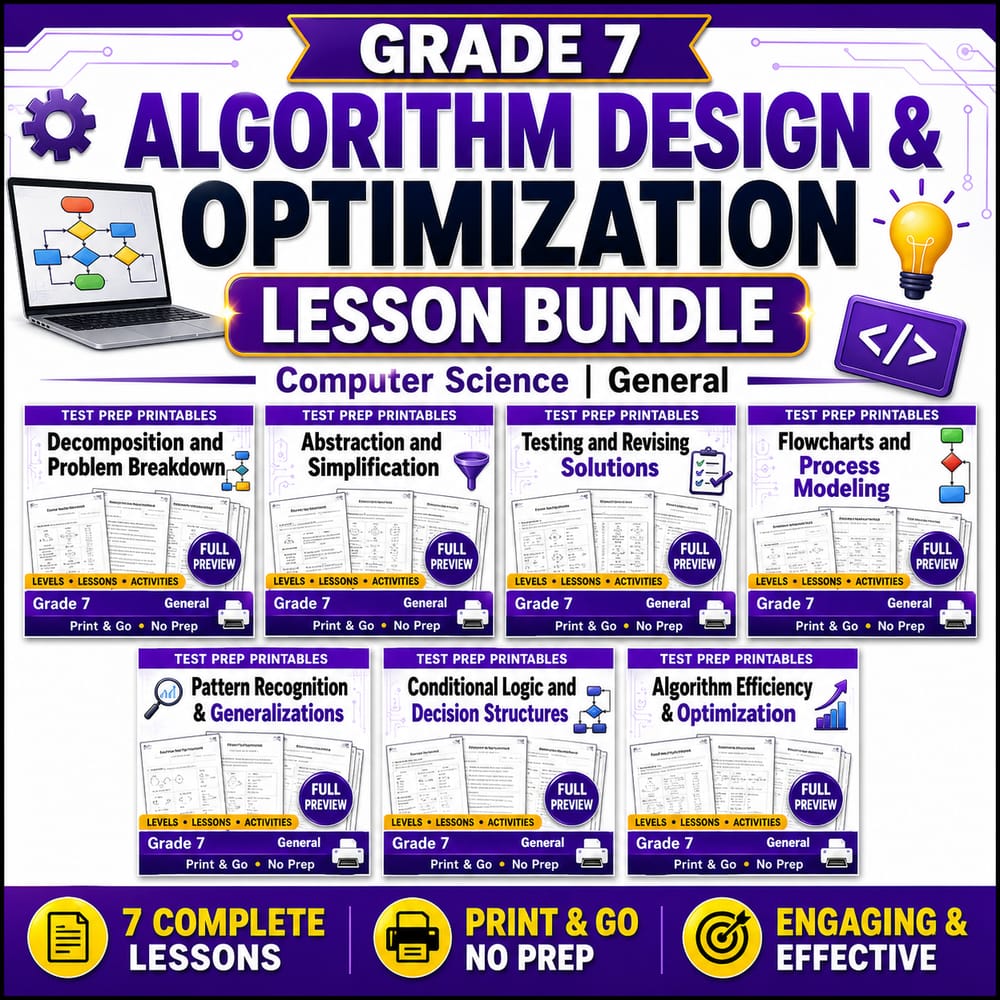 Grade 7 Algorithm Design & Optimization Lesson Bundle | Computer Science | General — bundle cover