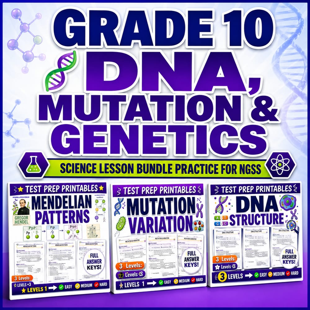 Grade 10 DNA, Mutation & Genetics Science lesson bundle practice for NGSS — bundle cover