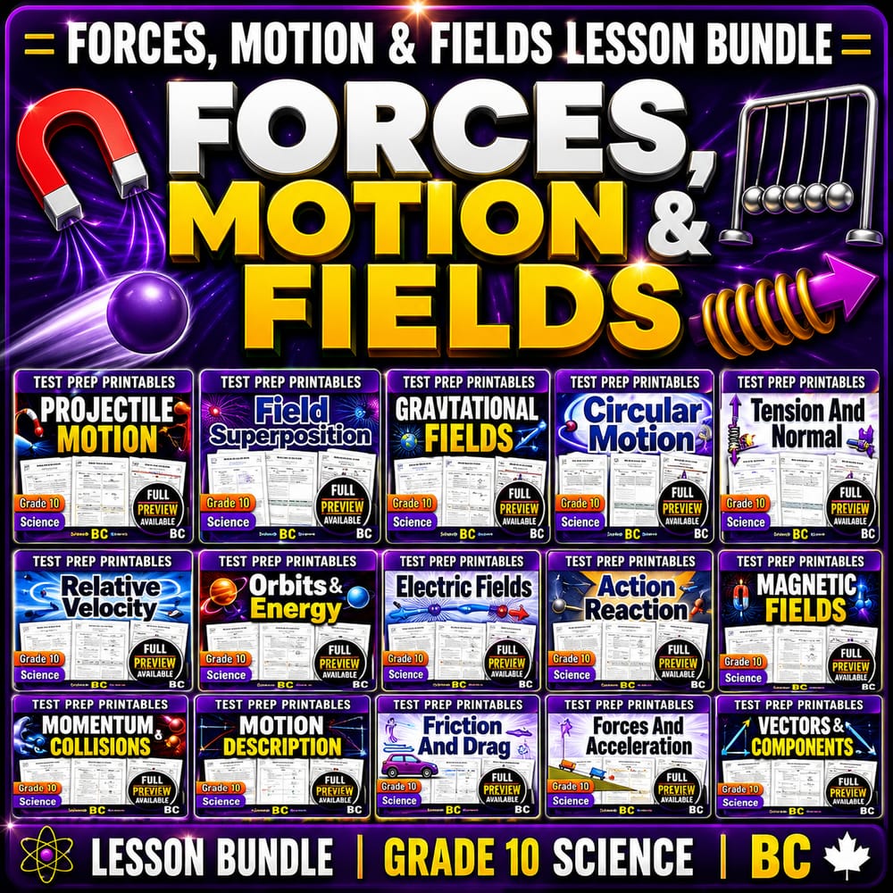 Forces, Motion & Fields Lesson Bundle | Grade 10 Science | BC — bundle cover