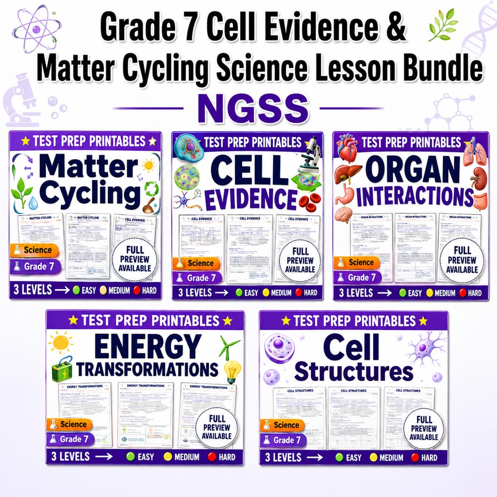 Grade 7 Cell Evidence & Matter Cycling Science Lesson Bundle NGSS — bundle cover