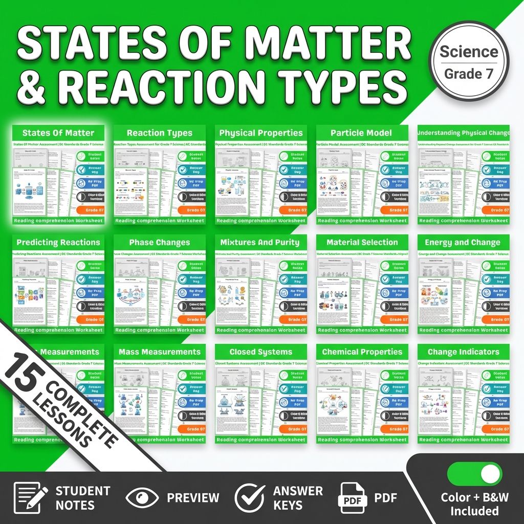 Grade 7 Science Lesson – States of Matter & Reaction Types Assessment Bundle — bundle cover