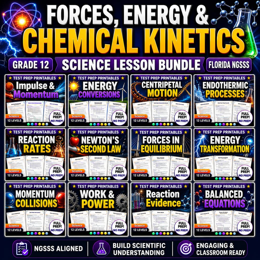 Forces, Energy & Chemical Kinetics Grade 12 Science Lesson Bundle | Florida ngsss — bundle cover