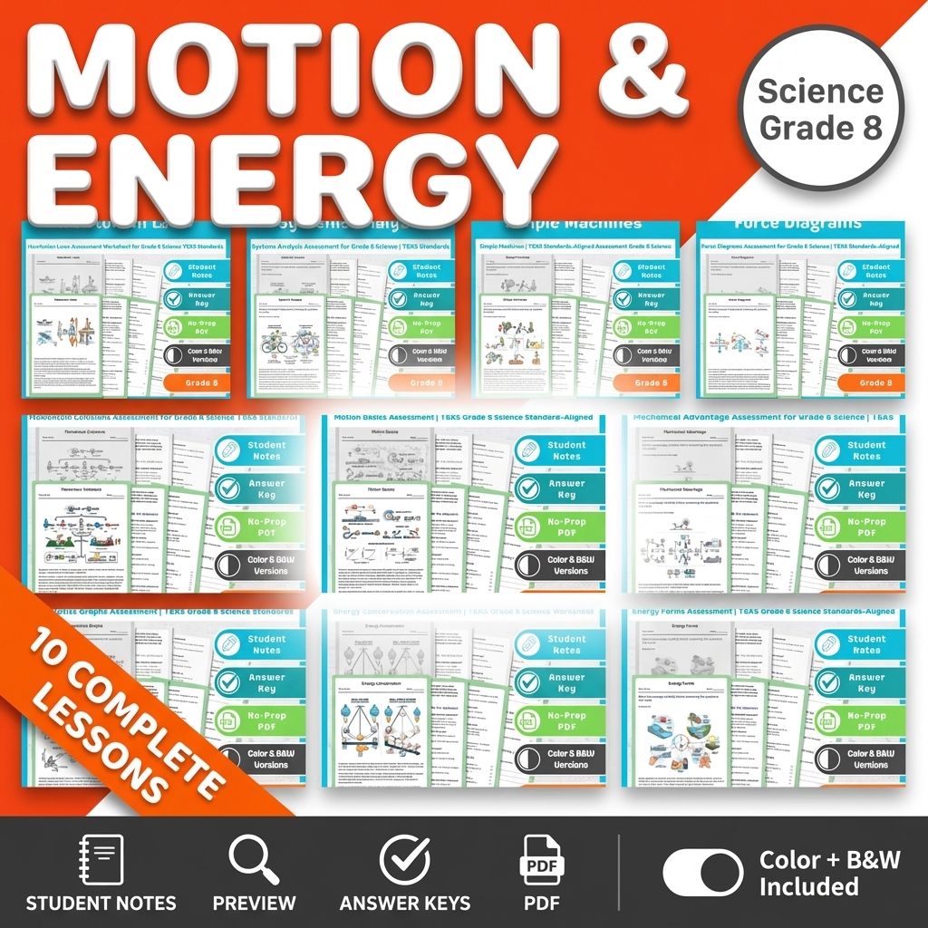 Grade 8 Force, Motion, and Energy Science Lesson Bundle TEKS Standards — bundle cover