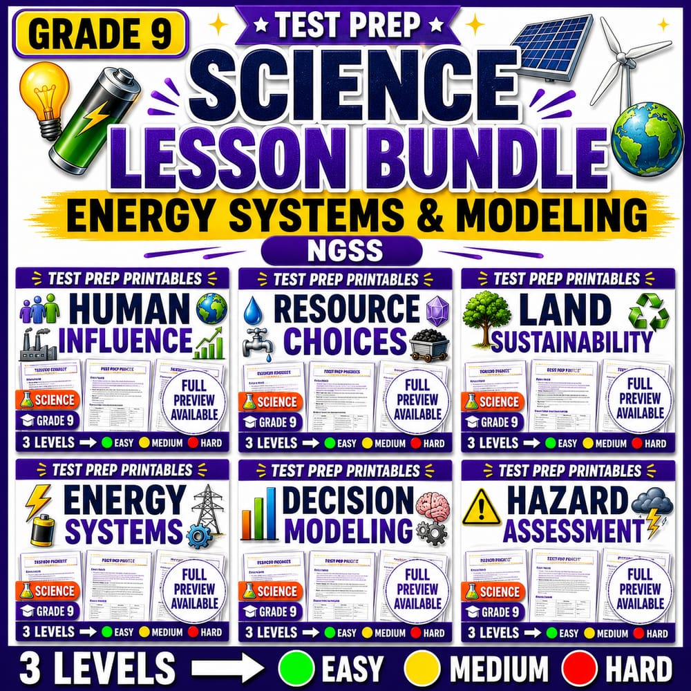 Grade 9 Test Prep Science Lesson Bundle NGSS: Energy Systems & Modeling — bundle cover
