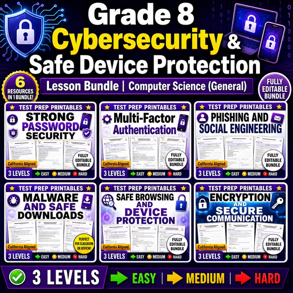 Grade 8 Cybersecurity & Safe Device Protection Lesson Bundle | Computer Science (General) — bundle cover