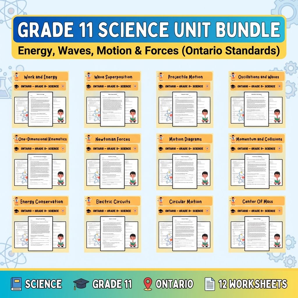 Grade 11 Science Unit Bundle | Motion, Energy & Waves Worksheets  — bundle cover
