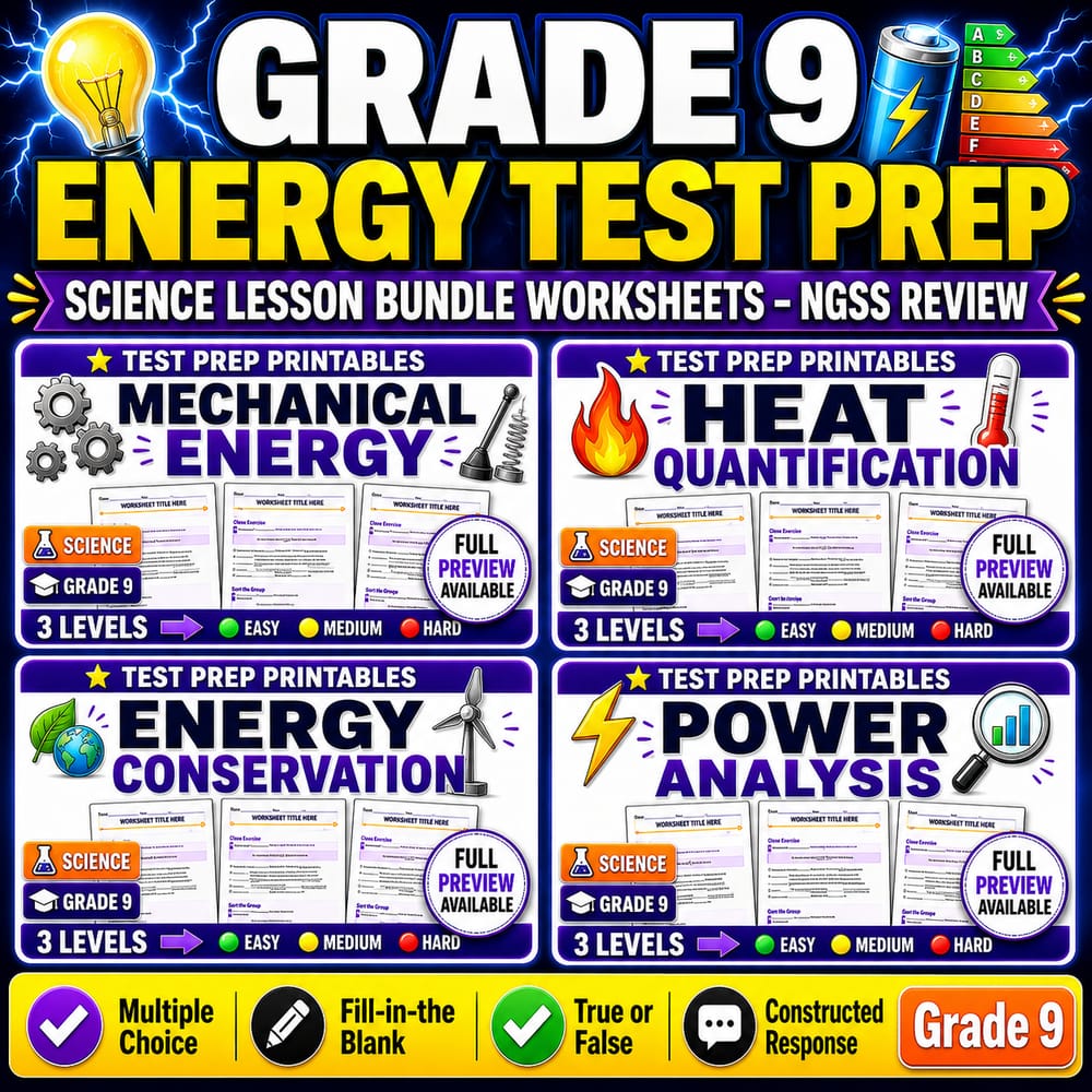 Grade 9 Energy Test Prep Science Lesson Bundle Worksheets – NGSS Review — bundle cover