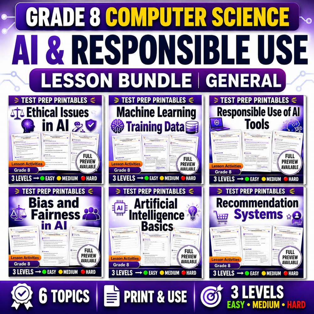 Grade 8 Computer Science AI & Responsible Use Lesson Bundle | General — bundle cover