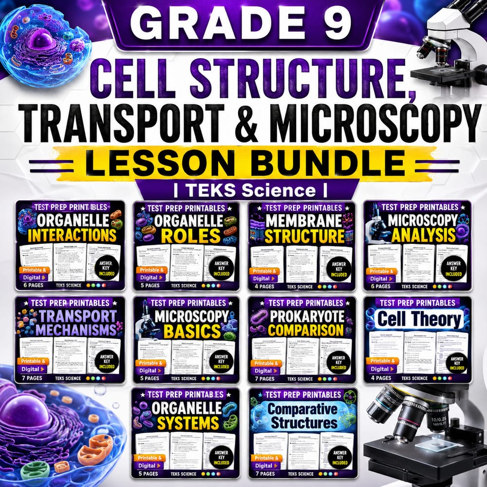 Grade 9 Cell Structure, Transport & Microscopy Lesson Bundle | TEKS Science — bundle cover