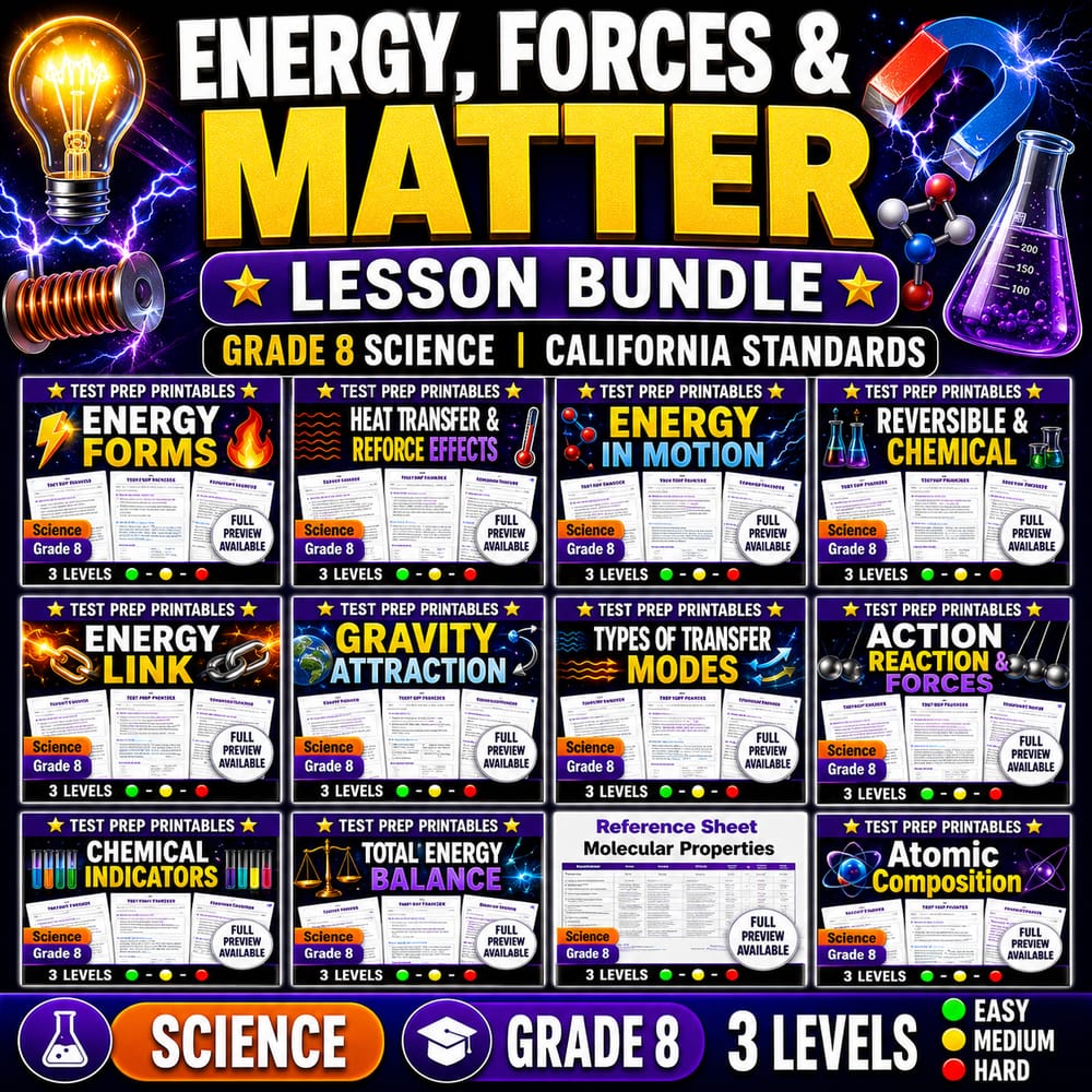Energy, Forces & Matter Lesson Bundle | Grade 8 Science | California Standards — bundle cover