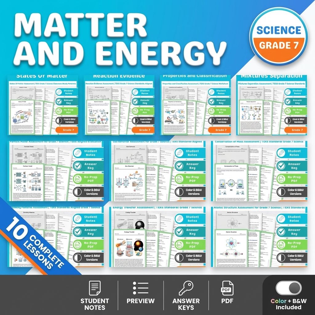 Grade 7 Matter and Energy Science Lesson Bundle: TEKS assessments — bundle cover