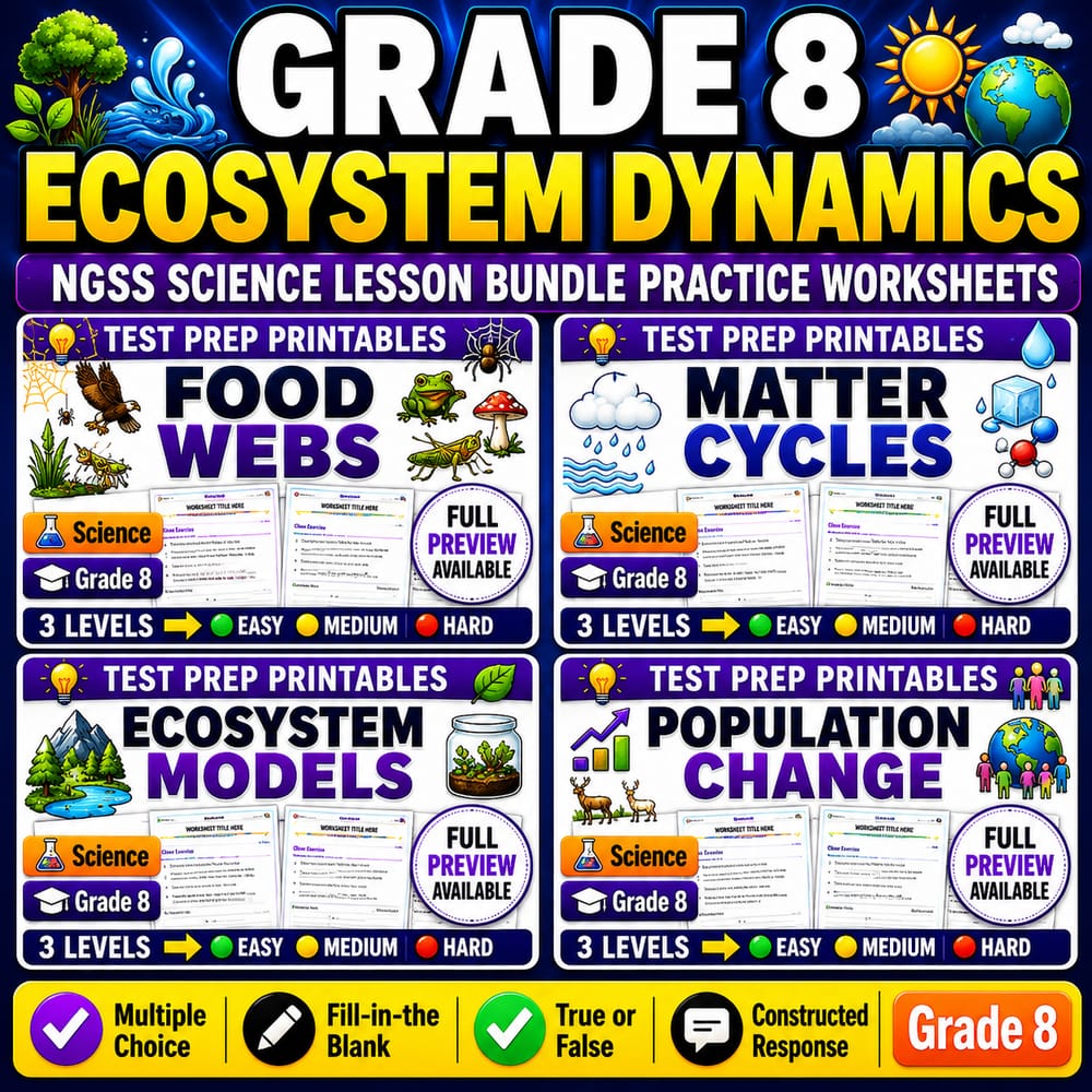 Grade 8 Ecosystem Dynamics NGSS Science Lesson Bundle Practice Worksheets — bundle cover