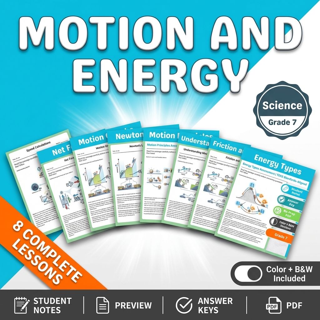 Grade 7 Motion and Energy Science: Lesson Bundle TEKS Unit Assessment — bundle cover