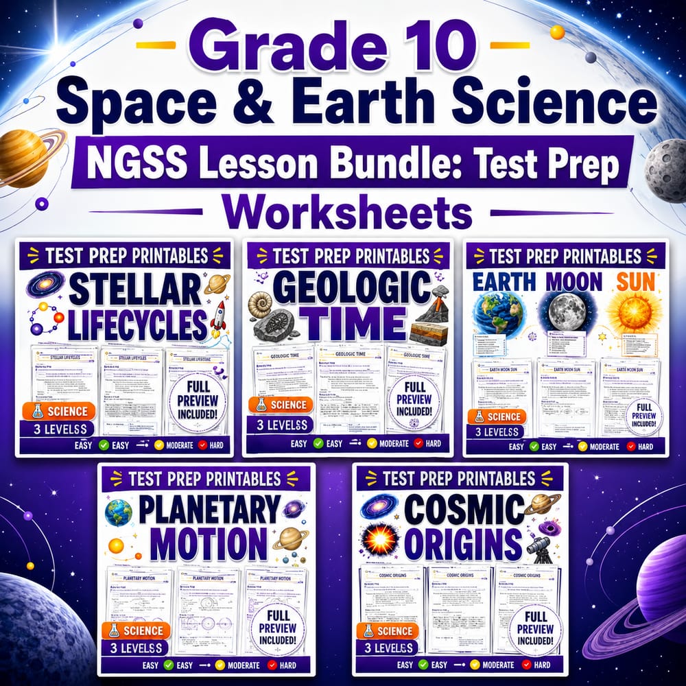 Grade 10 Space & Earth Science NGSS Lesson Bundle: Test Prep Worksheets — bundle cover