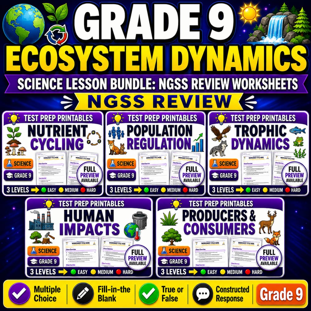 Grade 9 Ecosystem Dynamics Science Lesson Bundle: NGSS Review Worksheets — bundle cover