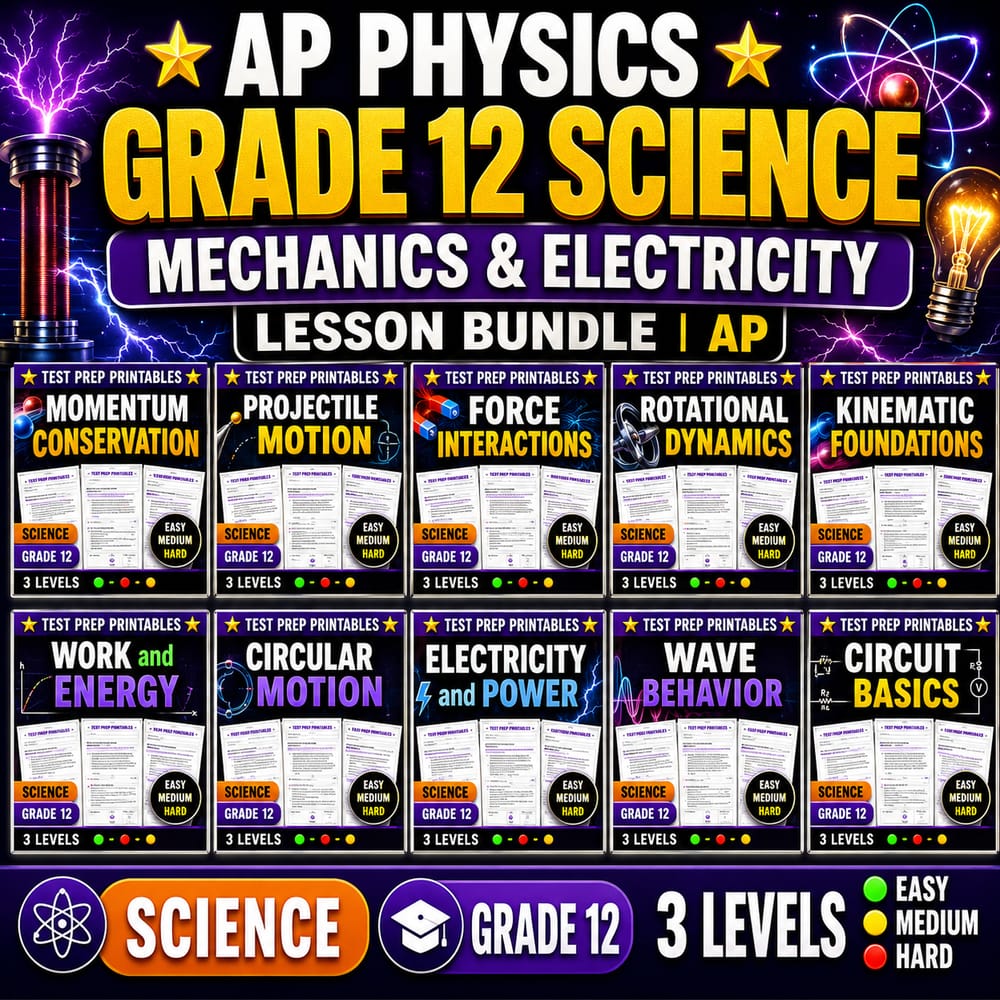 AP Physics Grade 12 Science Mechanics & Electricity Lesson Bundle | AP — bundle cover