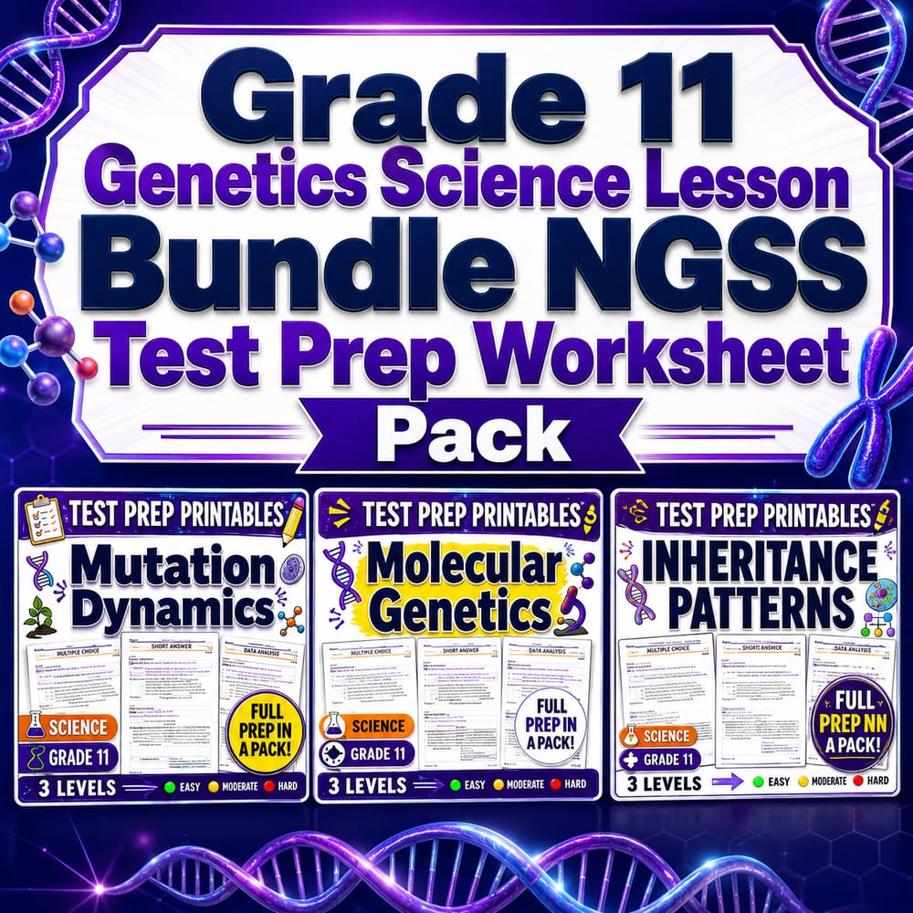 Grade 11 Genetics Science Lesson Bundle NGSS Test Prep Worksheet Pack — bundle cover